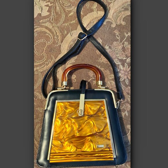 Black Leather Handbag with Amber Swirl Lucite Handles and Panel - Picture 3 of 7
